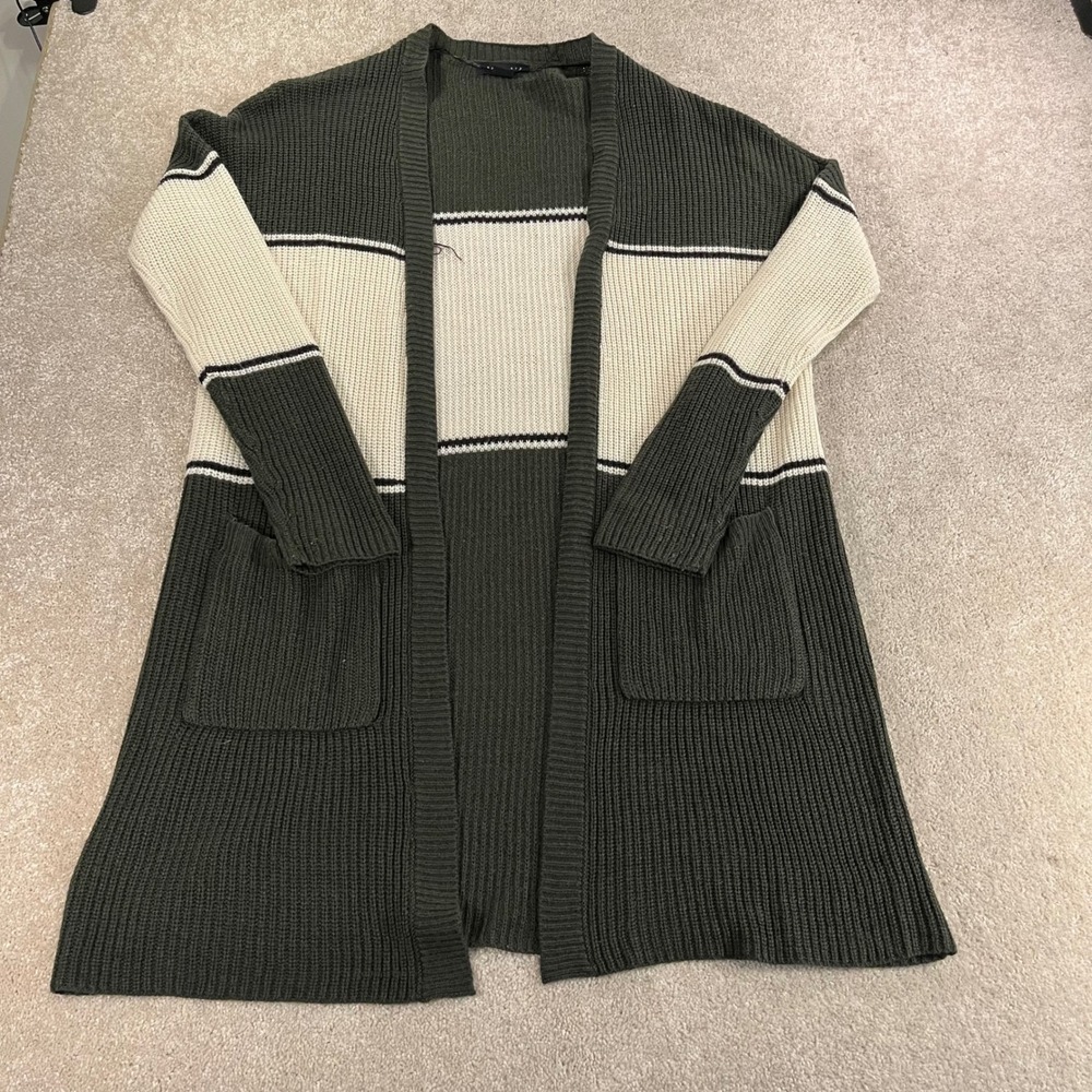 Sanctuary Cardigan Womens Medium Green Cream Colorblock Open‎ Front Pockets